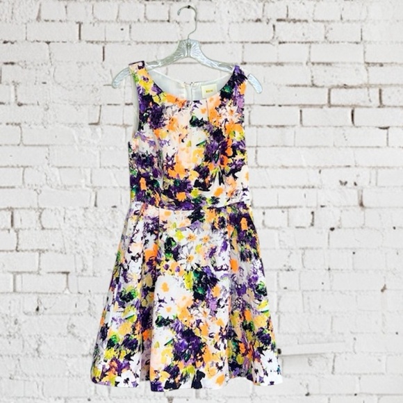Anthropologie Maeve Neon Floral Pebble Sleeveless Fit & Flare Dress Size 6 - Picture 1 of 15
